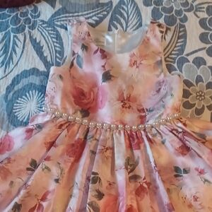 Pink Floral Girls 8 Dress with Pearl Accents Spring Holiday Easter